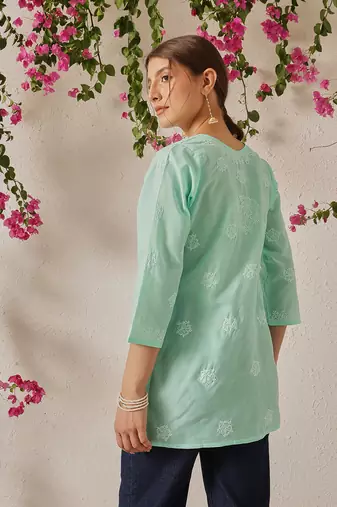 Hand Embroidered Sea Green Cotton Lucknowi Chikankari Short Kurti For Women