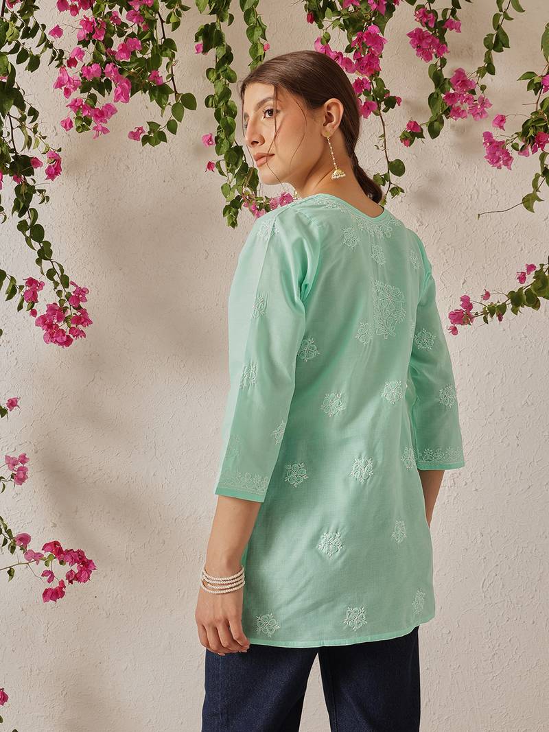 Hand Embroidered Sea Green Cotton Lucknowi Chikankari Short Kurti For Women