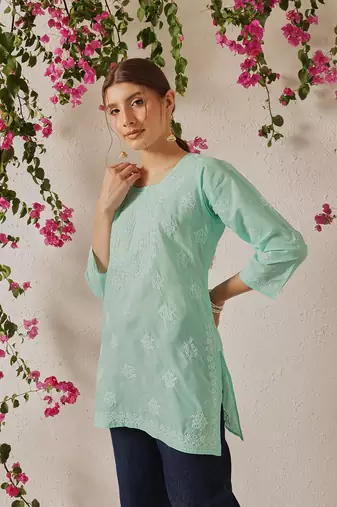 Hand Embroidered Sea Green Cotton Lucknowi Chikankari Short Kurti For Women