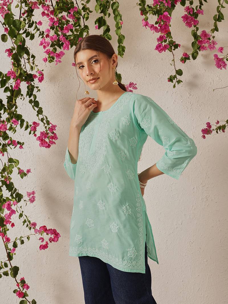 Hand Embroidered Sea Green Cotton Lucknowi Chikankari Short Kurti For Women