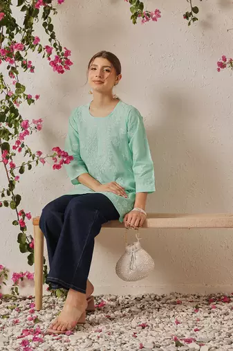 Hand Embroidered Sea Green Cotton Lucknowi Chikankari Short Kurti For Women