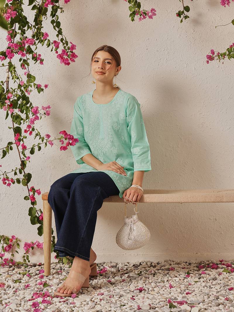 Hand Embroidered Sea Green Cotton Lucknowi Chikankari Short Kurti For Women