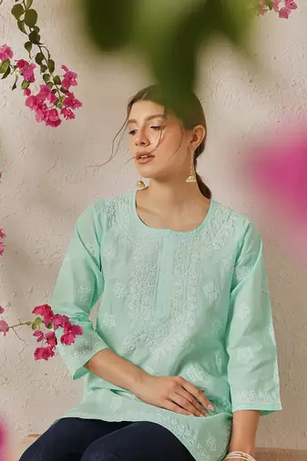 Hand Embroidered Sea Green Cotton Lucknowi Chikankari Short Kurti For Women