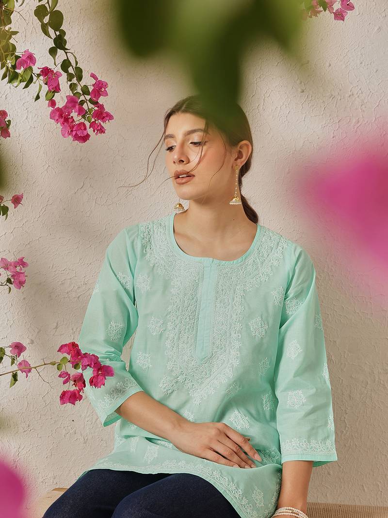 Hand Embroidered Sea Green Cotton Lucknowi Chikankari Short Kurti For Women