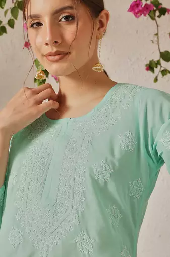 Hand Embroidered Sea Green Cotton Lucknowi Chikankari Short Kurti For Women