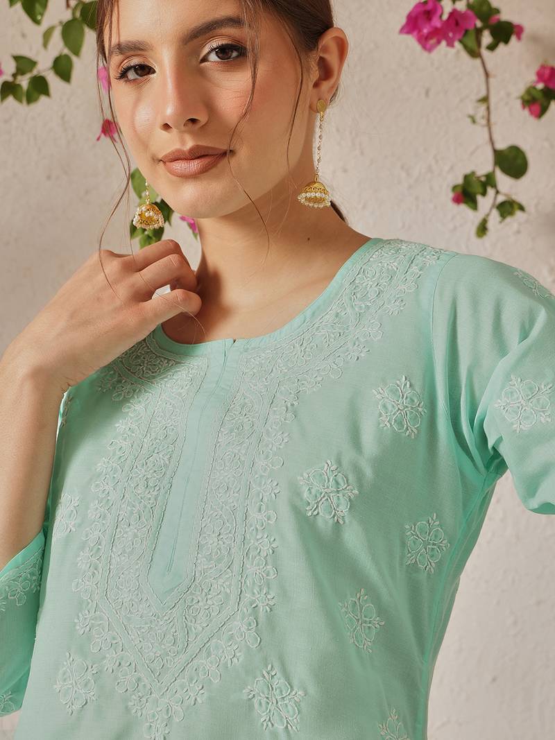 Hand Embroidered Sea Green Cotton Lucknowi Chikankari Short Kurti For Women