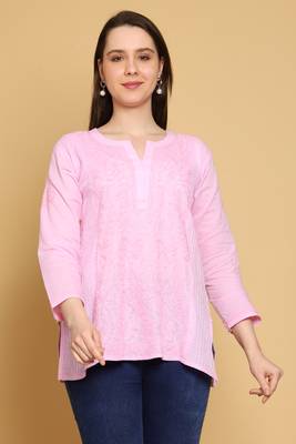 Hand Embroidered Pink Cotton Lucknowi Chikankari Straight Kurti For Women 1
