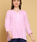 Hand Embroidered Pink Cotton Lucknowi Chikankari Straight Kurti For Women