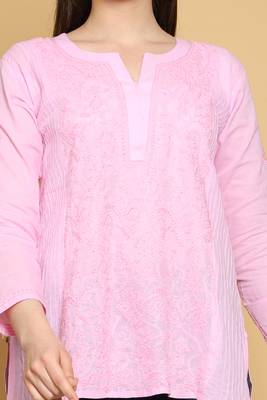 Hand Embroidered Pink Cotton Lucknowi Chikankari Straight Kurti For Women 3
