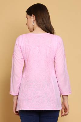 Hand Embroidered Pink Cotton Lucknowi Chikankari Straight Kurti For Women 4