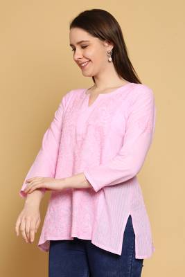 Hand Embroidered Pink Cotton Lucknowi Chikankari Straight Kurti For Women 5
