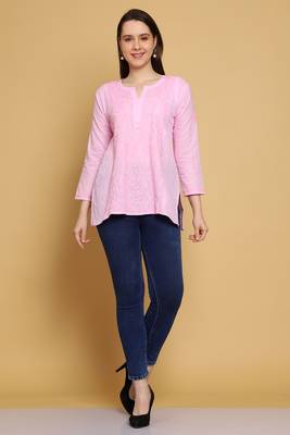 Hand Embroidered Pink Cotton Lucknowi Chikankari Straight Kurti For Women 6