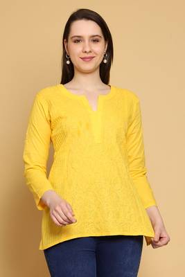 Hand Embroidered Yellow Cotton Lucknowi Chikankari Straight Kurti For Women 1
