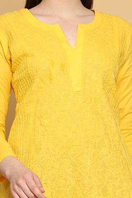 Hand Embroidered Yellow Cotton Lucknowi Chikankari Straight Kurti For Women 2
