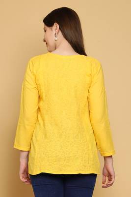 Hand Embroidered Yellow Cotton Lucknowi Chikankari Straight Kurti For Women 3