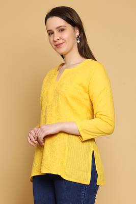Hand Embroidered Yellow Cotton Lucknowi Chikankari Straight Kurti For Women 4