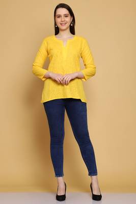 Hand Embroidered Yellow Cotton Lucknowi Chikankari Straight Kurti For Women 5