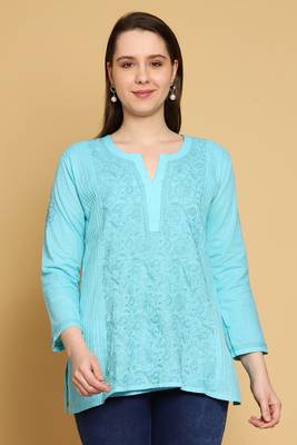 Hand Embroidered Blue Cotton Lucknowi Chikankari Straight Kurti For Women 1