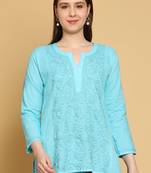 Hand Embroidered Blue Cotton Lucknowi Chikankari Straight Kurti For Women