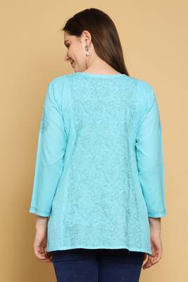Hand Embroidered Blue Cotton Lucknowi Chikankari Straight Kurti For Women 3