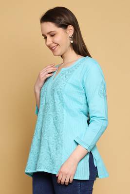 Hand Embroidered Blue Cotton Lucknowi Chikankari Straight Kurti For Women 4