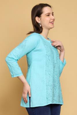 Hand Embroidered Blue Cotton Lucknowi Chikankari Straight Kurti For Women 5