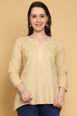 Hand Embroidered Fawn Cotton Lucknowi Chikankari Straight Kurti For Women 1
