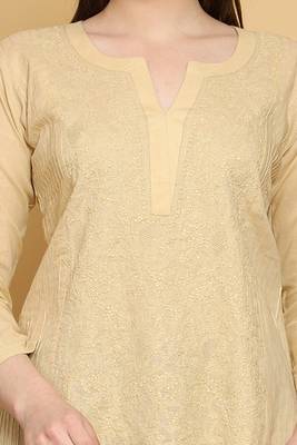Hand Embroidered Fawn Cotton Lucknowi Chikankari Straight Kurti For Women 2