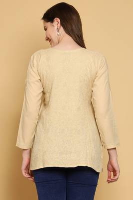Hand Embroidered Fawn Cotton Lucknowi Chikankari Straight Kurti For Women 3
