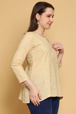 Hand Embroidered Fawn Cotton Lucknowi Chikankari Straight Kurti For Women 4