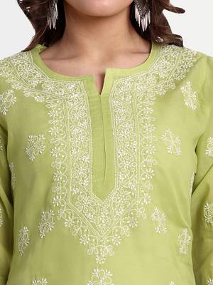Hand Embroidered Pear Green Cotton Lucknowi Chikankari Short Kurti For Women 2