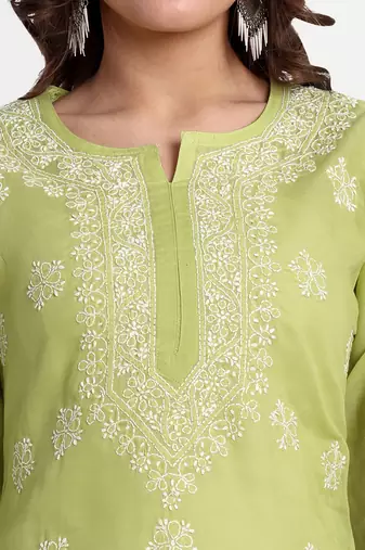 Hand Embroidered Pear Green Cotton Lucknowi Chikankari Short Kurti For Women