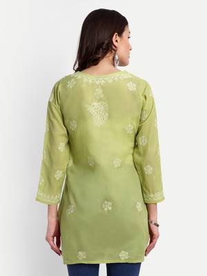 Hand Embroidered Pear Green Cotton Lucknowi Chikankari Short Kurti For Women 3