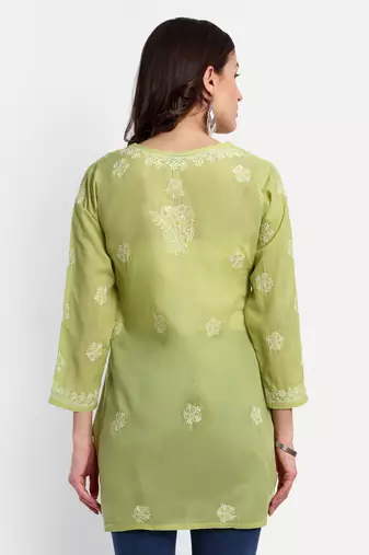 Hand Embroidered Pear Green Cotton Lucknowi Chikankari Short Kurti For Women