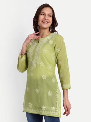 Hand Embroidered Pear Green Cotton Lucknowi Chikankari Short Kurti For Women 4
