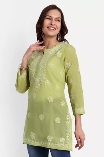 Hand Embroidered Pear Green Cotton Lucknowi Chikankari Short Kurti For Women