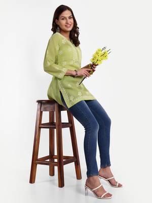 Hand Embroidered Pear Green Cotton Lucknowi Chikankari Short Kurti For Women 5