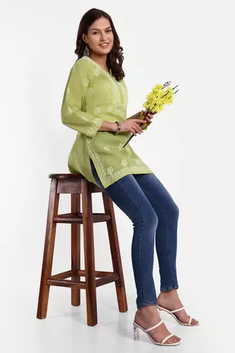 Hand Embroidered Pear Green Cotton Lucknowi Chikankari Short Kurti For Women