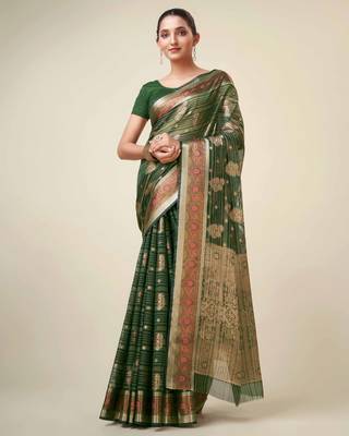 Bottle Green Organza Faux Kanjeevaram Woven Saree With Unstitched Blouse Piece 1