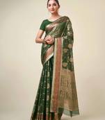 Bottle Green Organza Faux Kanjeevaram Woven Saree With Unstitched Blouse Piece