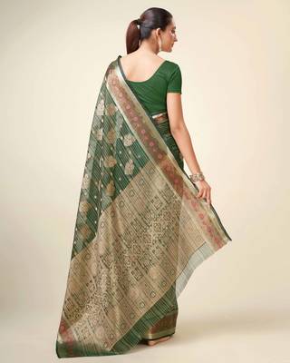 Bottle Green Organza Faux Kanjeevaram Woven Saree With Unstitched Blouse Piece 2