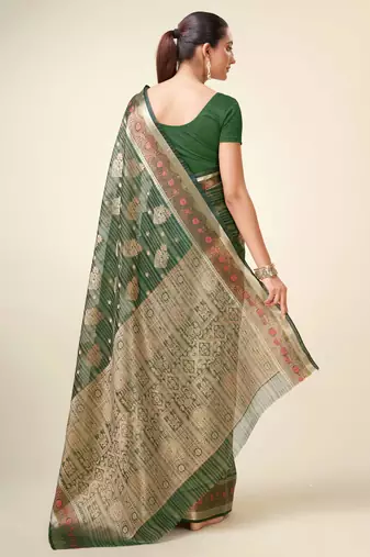 Bottle Green Organza Faux Kanjeevaram Woven Saree With Unstitched Blouse Piece