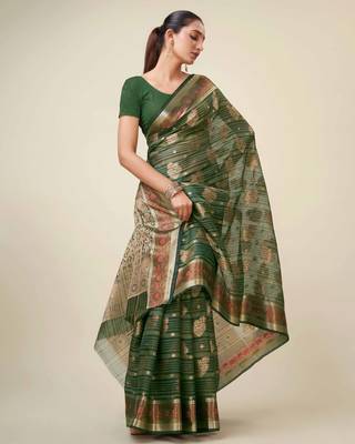 Bottle Green Organza Faux Kanjeevaram Woven Saree With Unstitched Blouse Piece 3