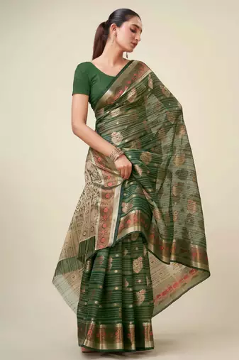 Bottle Green Organza Faux Kanjeevaram Woven Saree With Unstitched Blouse Piece