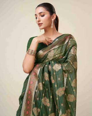 Bottle Green Organza Faux Kanjeevaram Woven Saree With Unstitched Blouse Piece 4