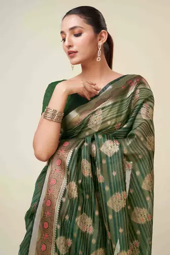 Bottle Green Organza Faux Kanjeevaram Woven Saree With Unstitched Blouse Piece