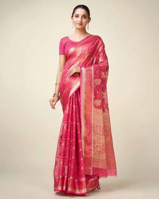 Rani Organza Faux Kanjeevaram Woven Saree With Unstitched Blouse Piece 1