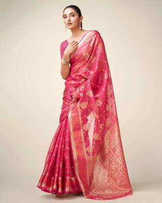 Rani Organza Faux Kanjeevaram Woven Saree With Unstitched Blouse Piece 3
