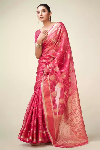 Rani Organza Faux Kanjeevaram Woven Saree With Unstitched Blouse Piece