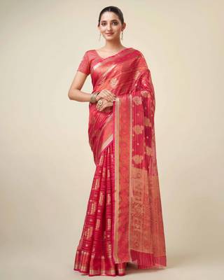 Red Organza Faux Kanjeevaram Woven Saree With Unstitched Blouse Piece 1